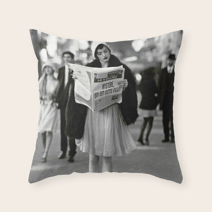 Roaring Twenties French Flapper Girl Reading Newspaper on the Street, Paris female portrait black and white photography - photographs Throw Pillow Gallery Image 6