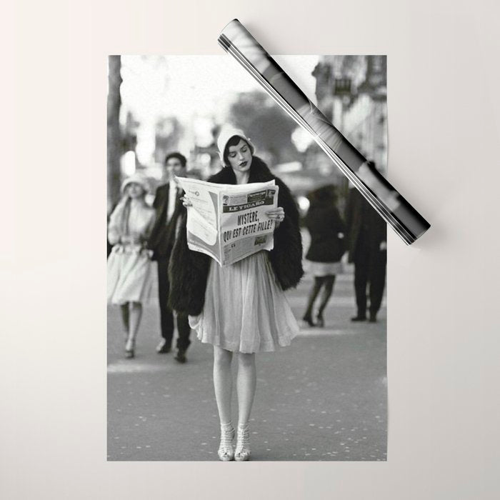 Roaring Twenties French Flapper Girl Reading Newspaper on the Street, Paris female portrait black and white photography - photographs Wrapping Paper Gallery Image 1