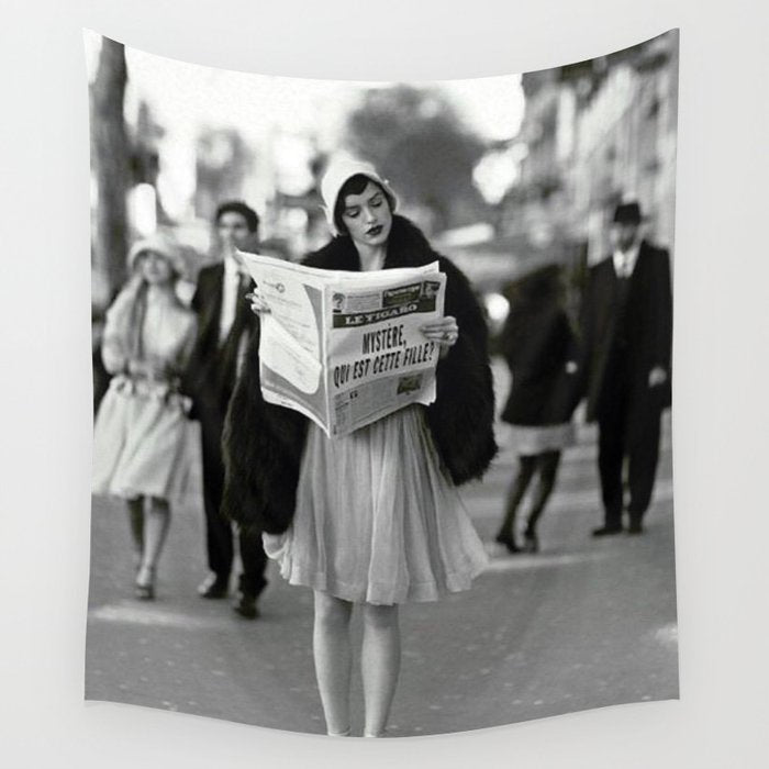 Roaring Twenties French Flapper Girl Reading Newspaper on the Street, Paris female portrait black and white photography - photographs Wall Tapestry Gallery Image 1