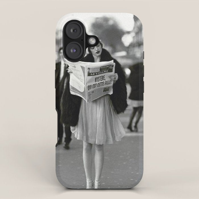 Roaring Twenties French Flapper Girl Reading Newspaper on the Street, Paris female portrait black and white photography - photographs iPhone Case Gallery Image 1