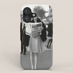 Roaring Twenties French Flapper Girl Reading Newspaper on the Street, Paris female portrait black and white photography - photographs iPhone Case Gallery Image 1