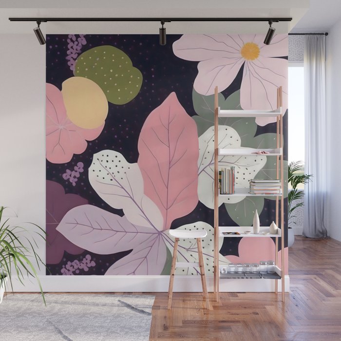 Hope Blossoms, Nature Botanical Dark Garden, Positivity Blush Pastel Bohemian, Vintage Illustration Painting Neutral Eclectic Plants Wall Mural Gallery Image 1