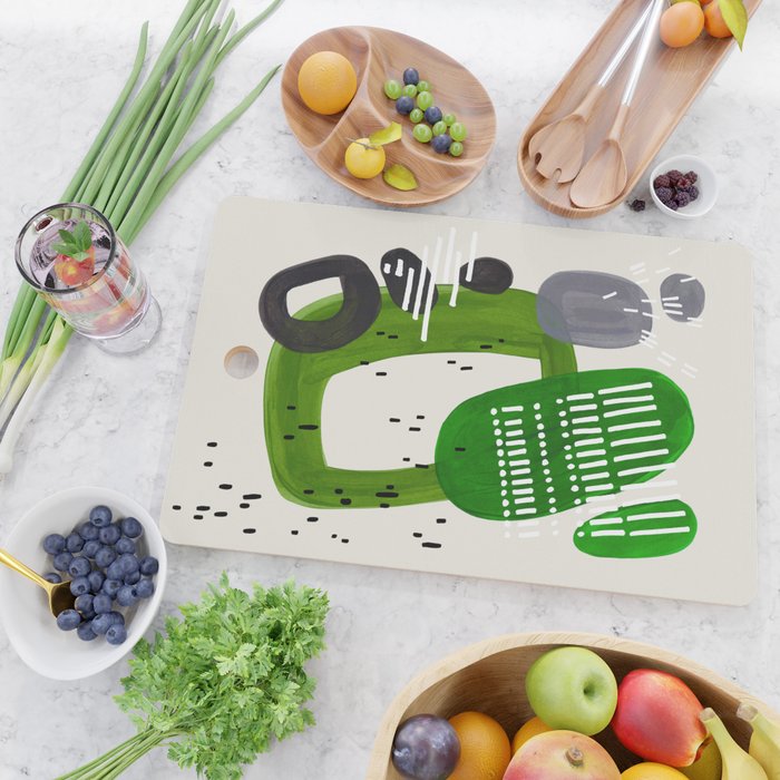 Fun Mid Century Modern Abstract Minimalist Olive Green Rings Grey Black Accent Cutting Board Gallery Image 2