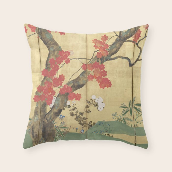 Maple Tree Japanese Edo Period Six-Panel Gold Leaf Screen Throw Pillow Gallery Image 6