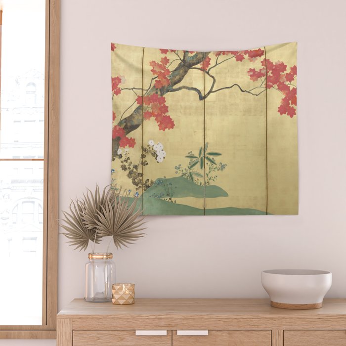 Maple Tree Japanese Edo Period Six-Panel Gold Leaf Screen Wall Tapestry Gallery Image 2
