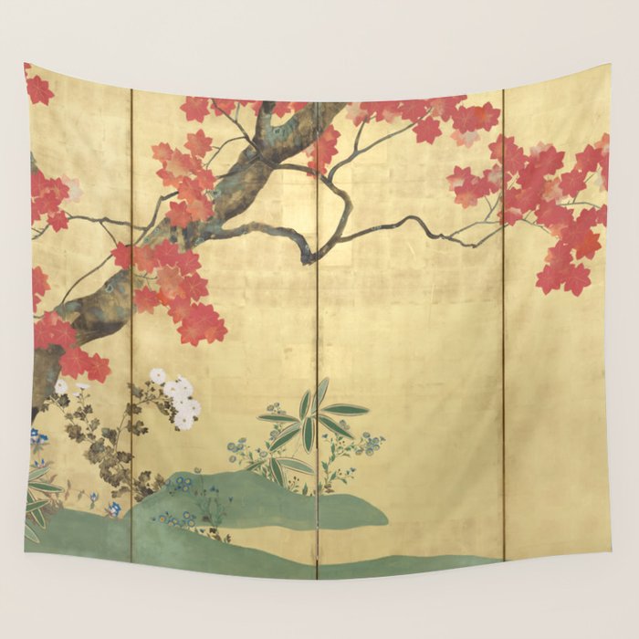 Maple Tree Japanese Edo Period Six-Panel Gold Leaf Screen Wall Tapestry Gallery Image 1