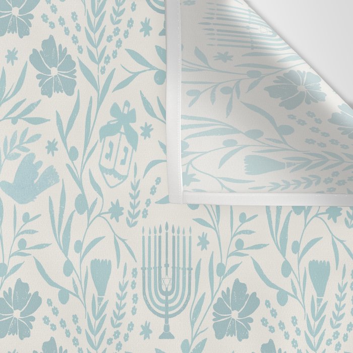 Hanukkah Toile Blue and Cream Menorah Dreidels Peace Dove Botanicals and Olive Branch Wall Tapestry Gallery Image 3