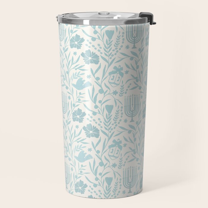 Hanukkah Toile Blue and Cream Menorah Dreidels Peace Dove Botanicals and Olive Branch Travel Mug Gallery Image 2