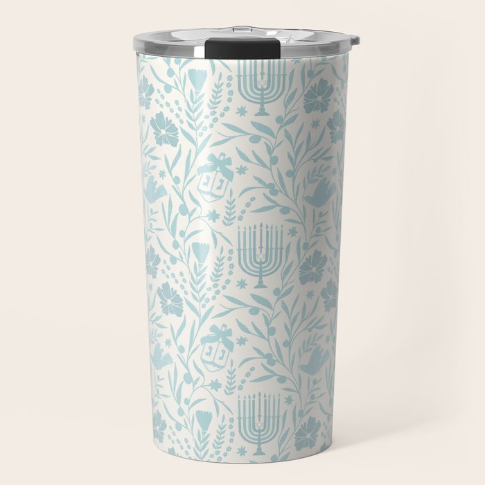 Hanukkah Toile Blue and Cream Menorah Dreidels Peace Dove Botanicals and Olive Branch Travel Mug Gallery Image 1