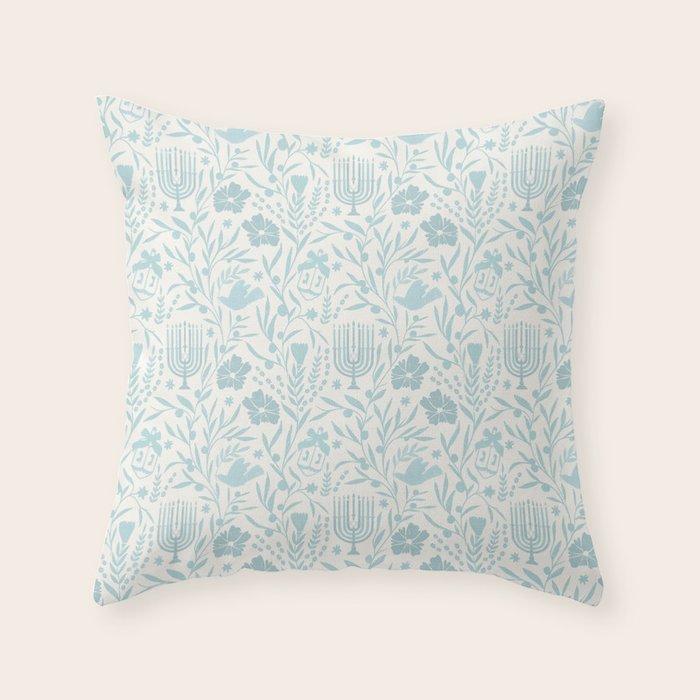 Hanukkah Toile Blue and Cream Menorah Dreidels Peace Dove Botanicals and Olive Branch Throw Pillow Gallery Image 6
