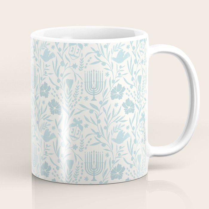 Hanukkah Toile Blue and Cream Menorah Dreidels Peace Dove Botanicals and Olive Branch Coffee Mug Gallery Image 1