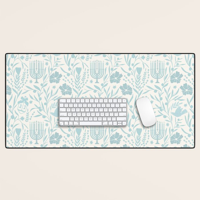 Hanukkah Toile Blue and Cream Menorah Dreidels Peace Dove Botanicals and Olive Branch Desk Mat Gallery Image 1