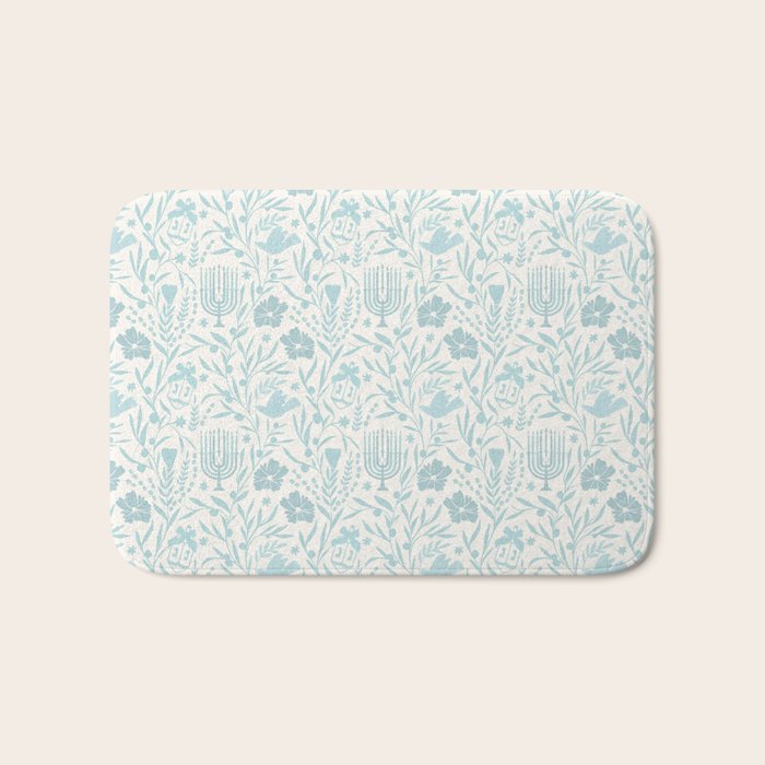 Hanukkah Toile Blue and Cream Menorah Dreidels Peace Dove Botanicals and Olive Branch Bath Mat Gallery Image 1