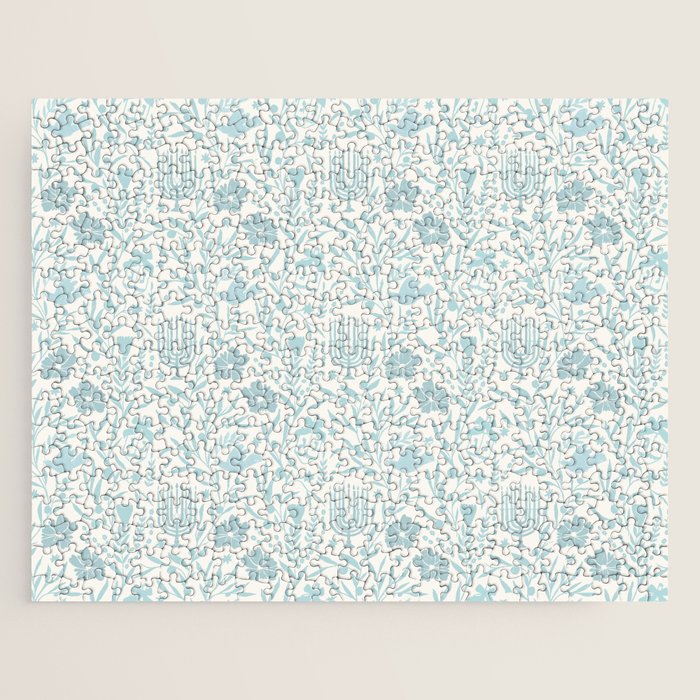 Hanukkah Toile Blue and Cream Menorah Dreidels Peace Dove Botanicals and Olive Branch Jigsaw Puzzle Gallery Image 1