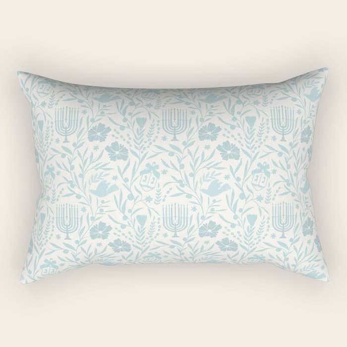 Hanukkah Toile Blue and Cream Menorah Dreidels Peace Dove Botanicals and Olive Branch Rectangular Pillow Gallery Image 2
