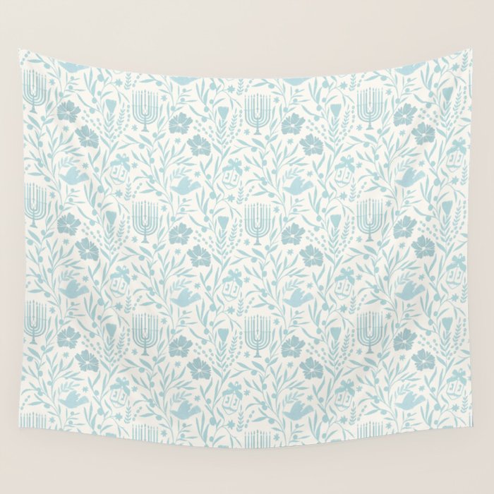 Hanukkah Toile Blue and Cream Menorah Dreidels Peace Dove Botanicals and Olive Branch Wall Tapestry Gallery Image 4