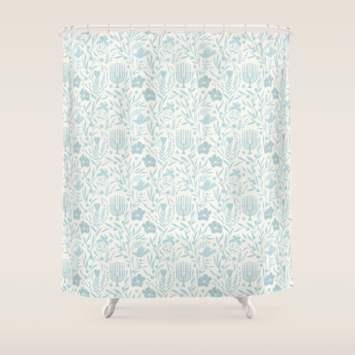 Hanukkah Toile Blue and Cream Menorah Dreidels Peace Dove Botanicals and Olive Branch Shower Curtain Gallery Image 1