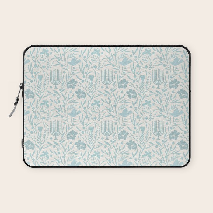 Hanukkah Toile Blue and Cream Menorah Dreidels Peace Dove Botanicals and Olive Branch Laptop Sleeve Gallery Image 1