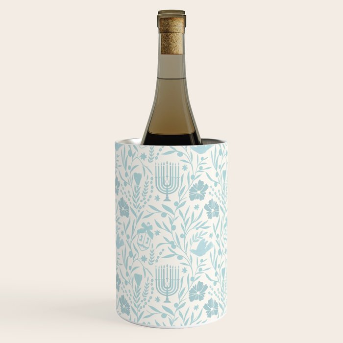 Hanukkah Toile Blue and Cream Menorah Dreidels Peace Dove Botanicals and Olive Branch Wine Chiller Gallery Image 1