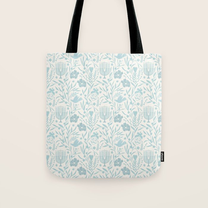 Hanukkah Toile Blue and Cream Menorah Dreidels Peace Dove Botanicals and Olive Branch Tote Bag