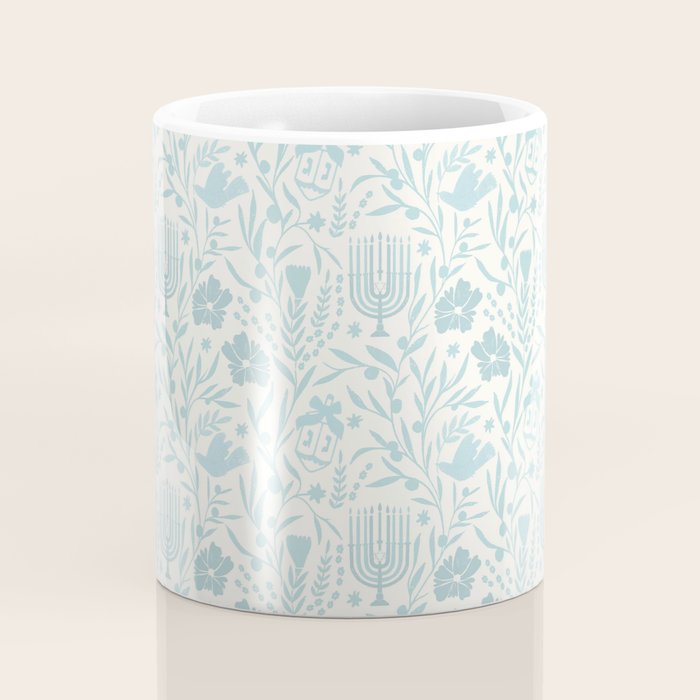 Hanukkah Toile Blue and Cream Menorah Dreidels Peace Dove Botanicals and Olive Branch Coffee Mug Gallery Image 4