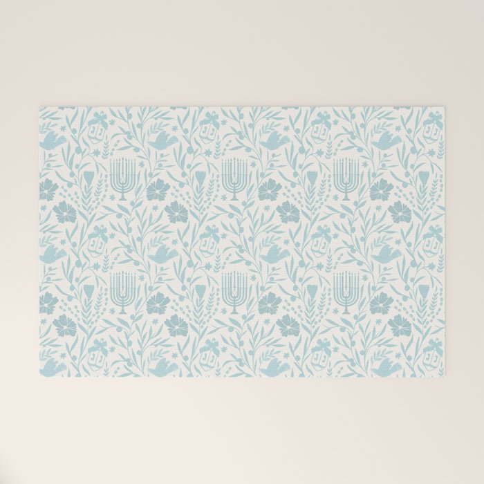 Hanukkah Toile Blue and Cream Menorah Dreidels Peace Dove Botanicals and Olive Branch Welcome Mat Gallery Image 1