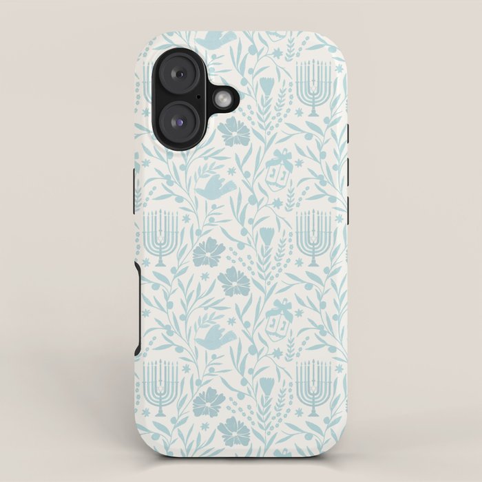 Hanukkah Toile Blue and Cream Menorah Dreidels Peace Dove Botanicals and Olive Branch iPhone Case Gallery Image 1