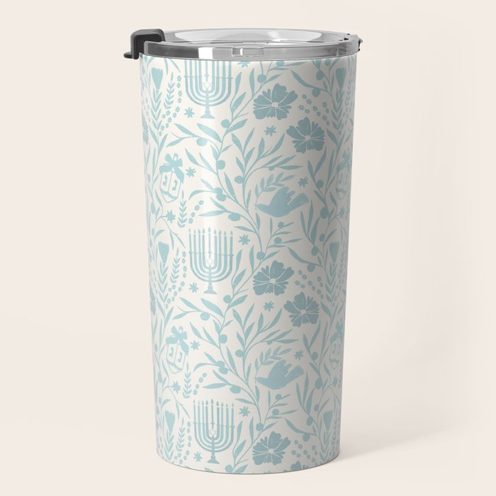 Hanukkah Toile Blue and Cream Menorah Dreidels Peace Dove Botanicals and Olive Branch Travel Mug Gallery Image 3