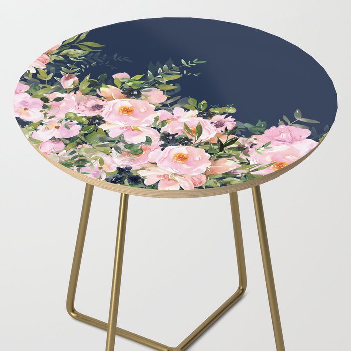 Boho, Floral Watercolor, Roses, Navy Blue and Pink Side Table Gallery Image 2