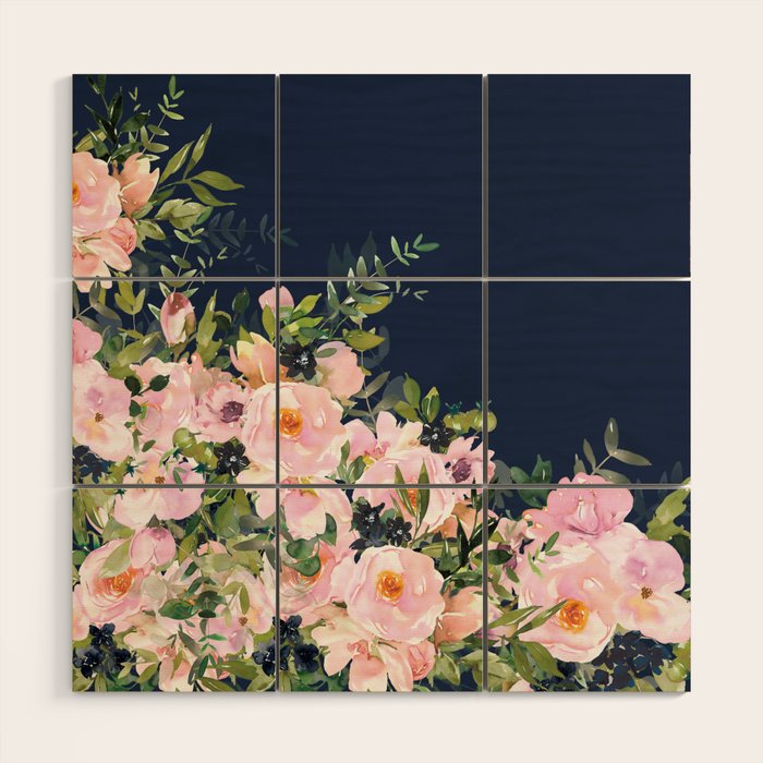 Boho, Floral Watercolor, Roses, Navy Blue and Pink Wood Wall Art Gallery Image 1