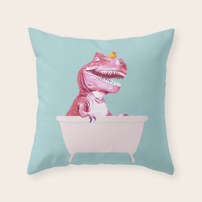 Pink T-Rex in Bathtub Throw Pillow Gallery Image 6