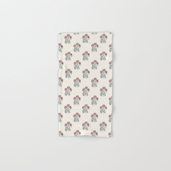 Vintage Sketched Block Print Floral - Green Raspberry Bath Towel Gallery Image 1