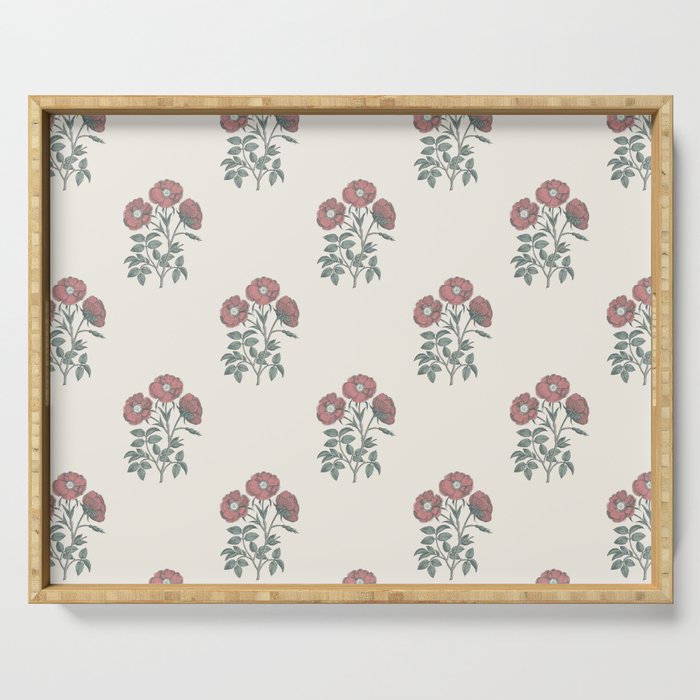 Vintage Sketched Block Print Floral - Green Raspberry Serving Tray Gallery Image 1