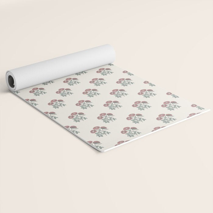 Vintage Sketched Block Print Floral - Green Raspberry Yoga Mat Gallery Image 2