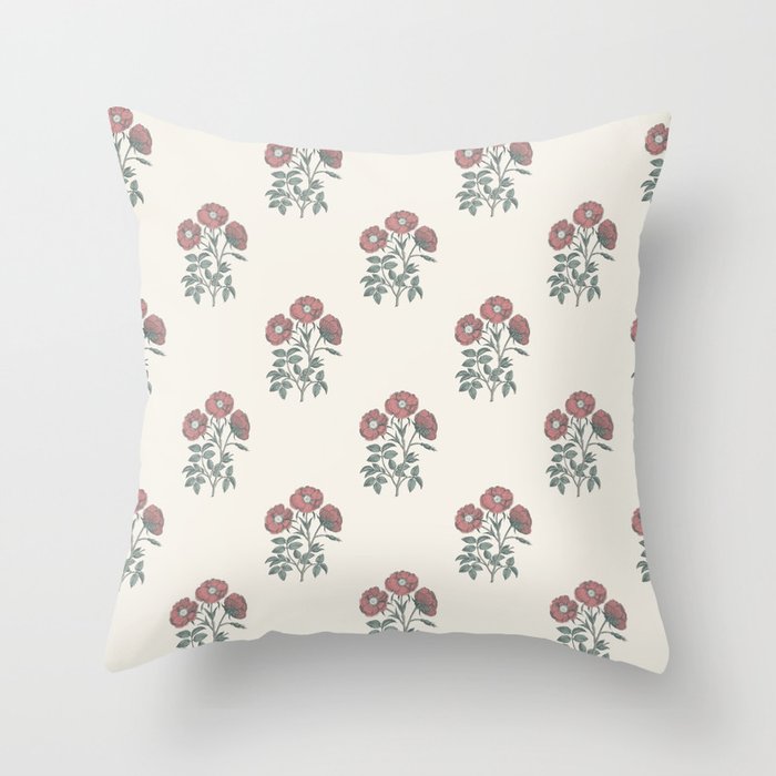 Vintage Sketched Block Print Floral - Green Raspberry Throw Pillow Gallery Image 6