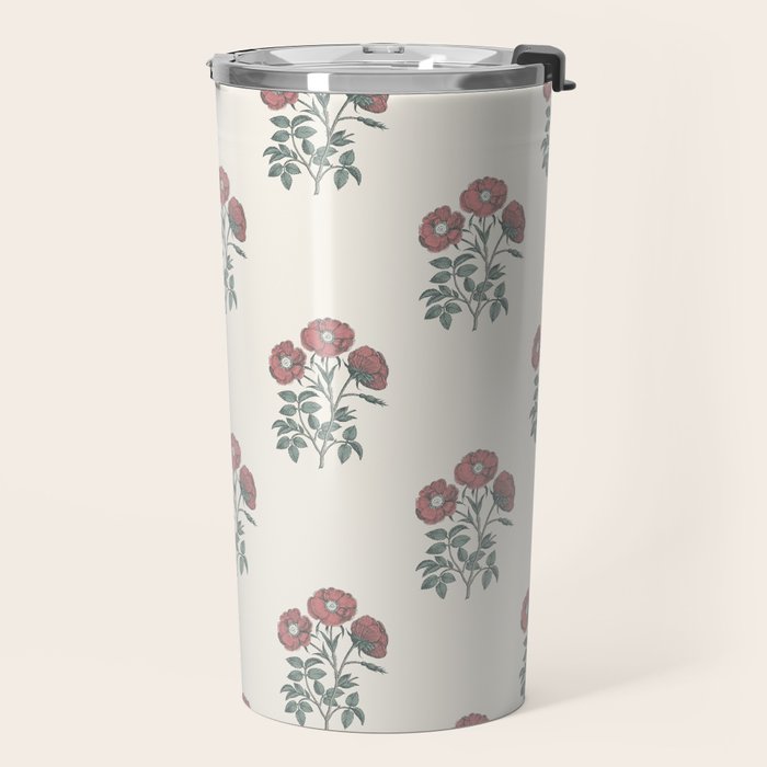 Vintage Sketched Block Print Floral - Green Raspberry Travel Mug Gallery Image 2