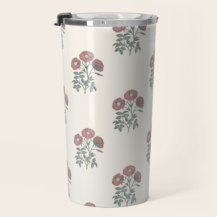 Vintage Sketched Block Print Floral - Green Raspberry Travel Mug Gallery Image 3