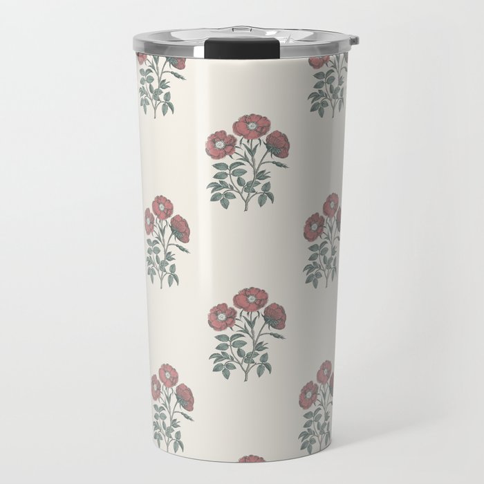 Vintage Sketched Block Print Floral - Green Raspberry Travel Mug Gallery Image 1