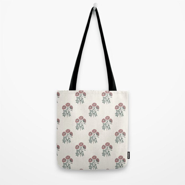 Vintage Sketched Block Print Floral - Green Raspberry Tote Bag Gallery Image 2