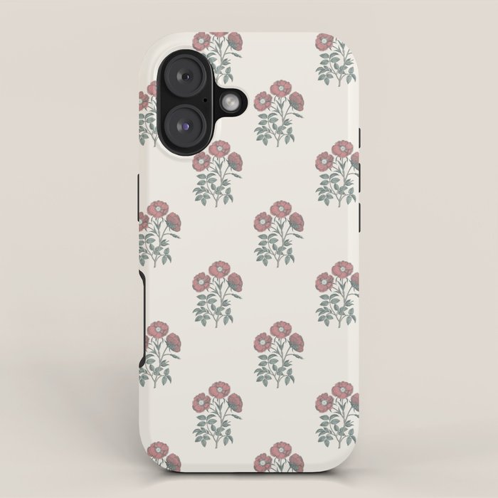Vintage Sketched Block Print Floral - Green Raspberry iPhone Case Gallery Image 1