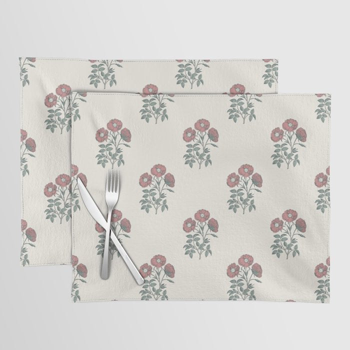 Vintage Sketched Block Print Floral - Green Raspberry Placemat Gallery Image 1