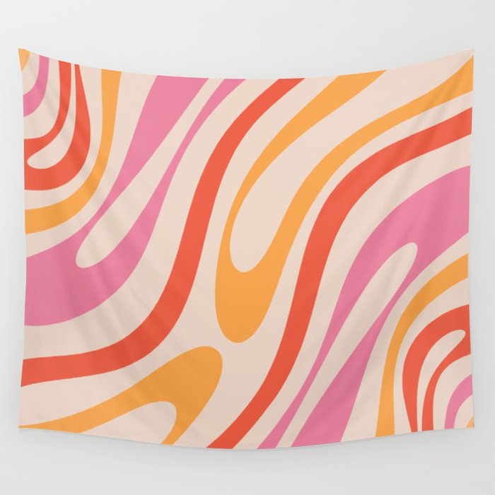 Wavy Loops Abstract Pattern in Retro Pink and Orange Wall Tapestry Gallery Image 4