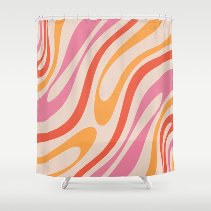 Wavy Loops Abstract Pattern in Retro Pink and Orange Shower Curtain Gallery Image 1