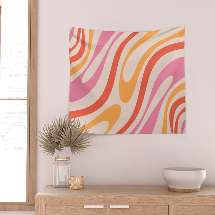 Wavy Loops Abstract Pattern in Retro Pink and Orange Wall Tapestry Gallery Image 2
