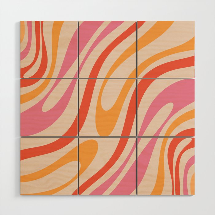 Wavy Loops Abstract Pattern in Retro Pink and Orange Wood Wall Art Gallery Image 1