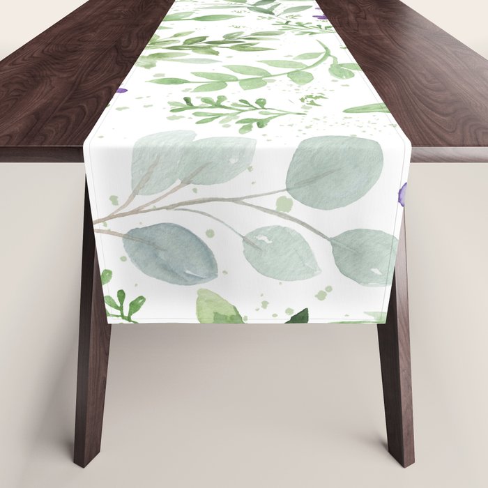 Botanical forest green lavender watercolor floral Table Runner Gallery Image 1