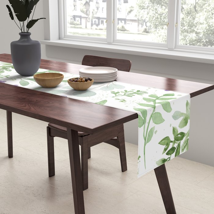 Botanical forest green lavender watercolor floral Table Runner Gallery Image 2