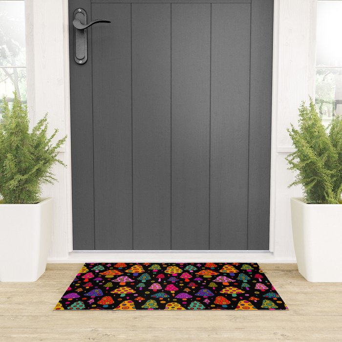 Smiley Mushrooms Print in Black Welcome Mat Gallery Image 3