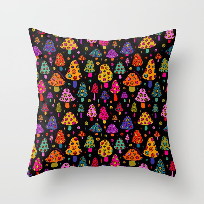 Smiley Mushrooms Print in Black Throw Pillow Gallery Image 1
