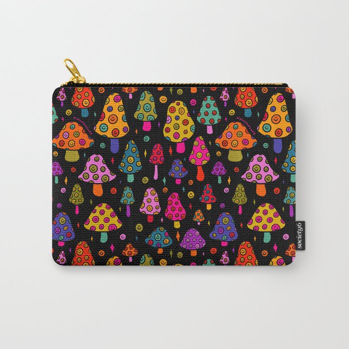 Smiley Mushrooms Print in Black Carry All Pouch Gallery Image 1